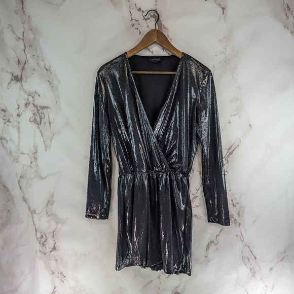 Topshop Romper Womens Medium Silver Metallic Holographic Shiny Shimmer Jumpsuit - Picture 1 of 12